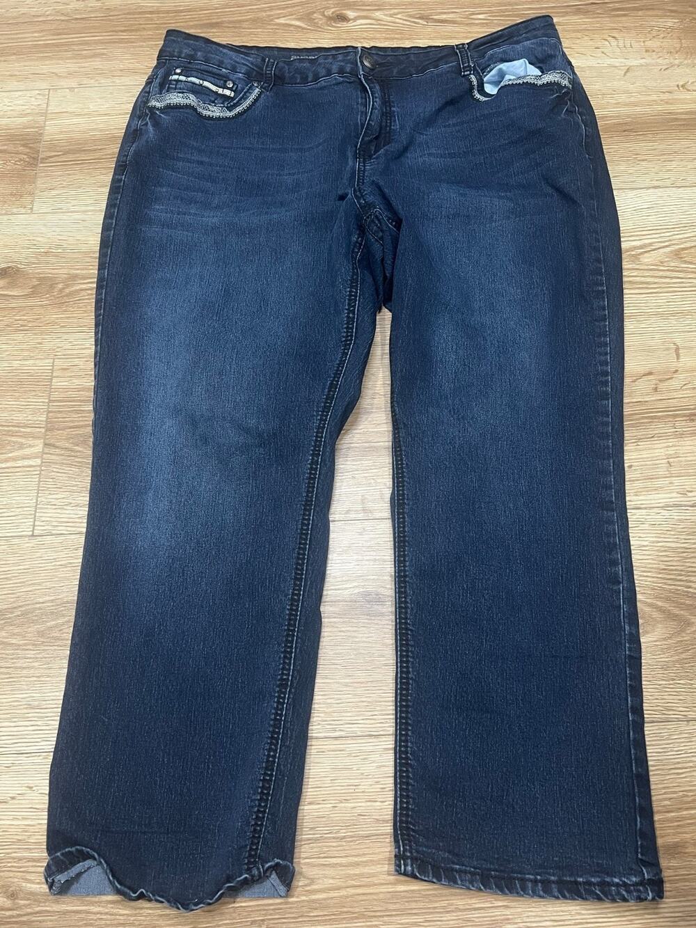 Avenue Womens Jeans Size 20 Dark Blue Denim Embroidered Pockets Stretch (A91)